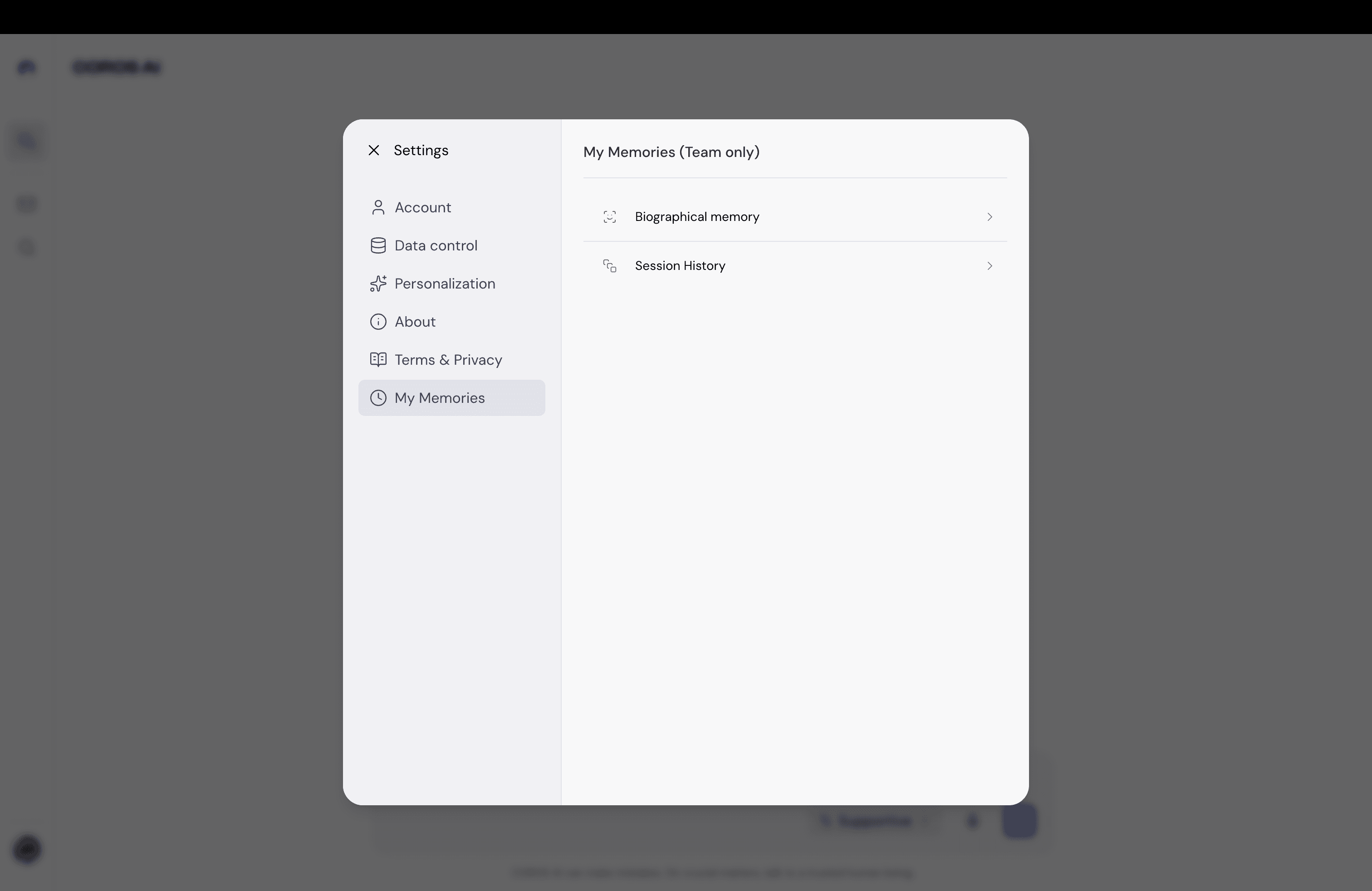 The team-only My Memories tab in settings, showing Biographical memory and Session History rows in the same modal shell as every user-facing tab.