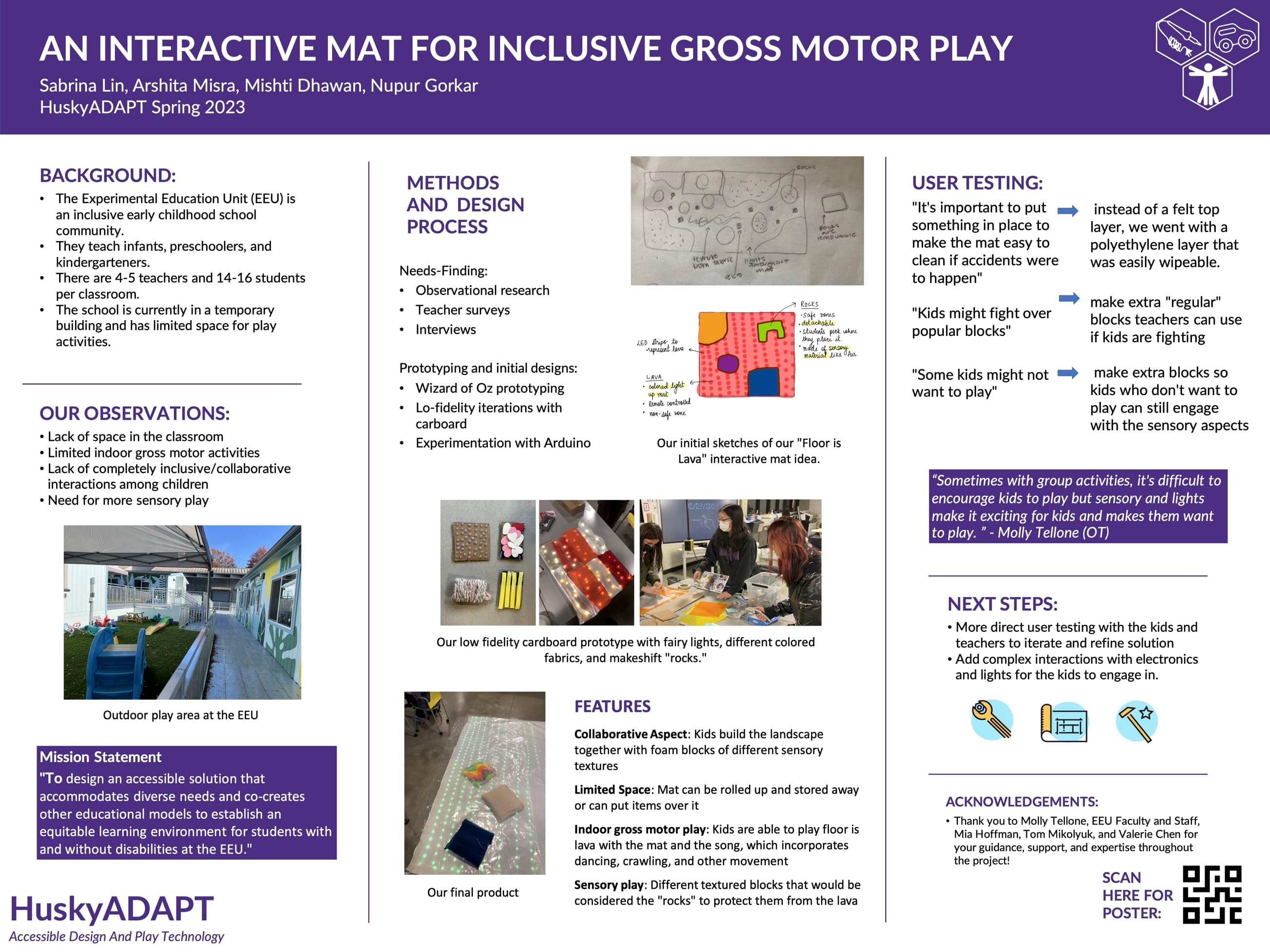 The full project research poster: background, observations, methods, prototyping photos, and user-testing notes.