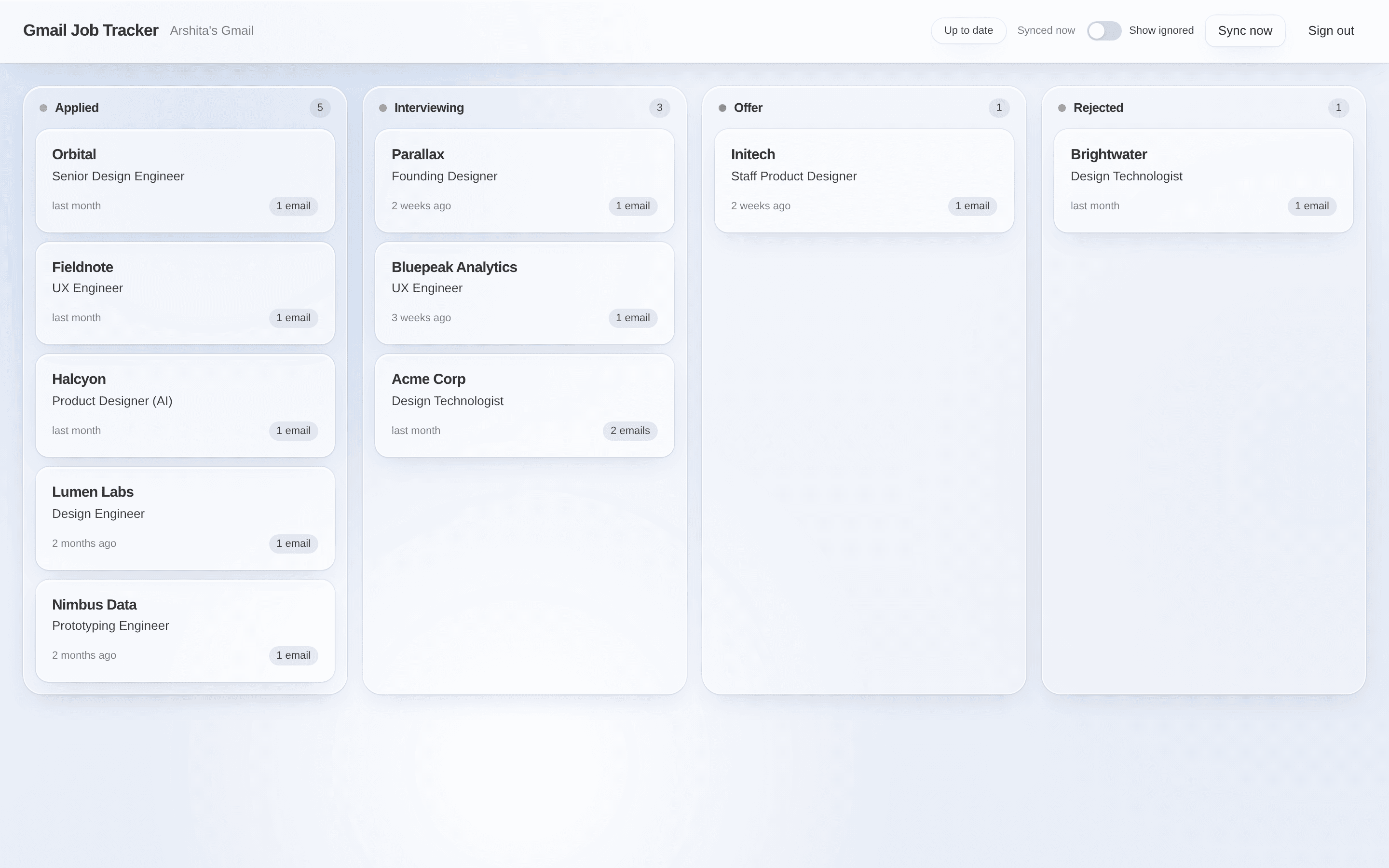 The full board: a pale blue canvas with soft blurred orbs, four frosted-glass columns of application cards, and a glass header bar.