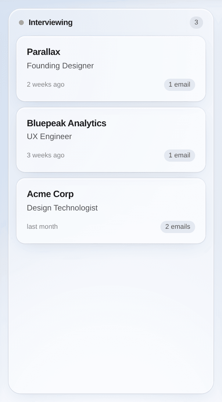 The Interviewing column: three frosted-glass cards for Parallax, Bluepeak Analytics and Acme Corp under a yellow status dot and a count.