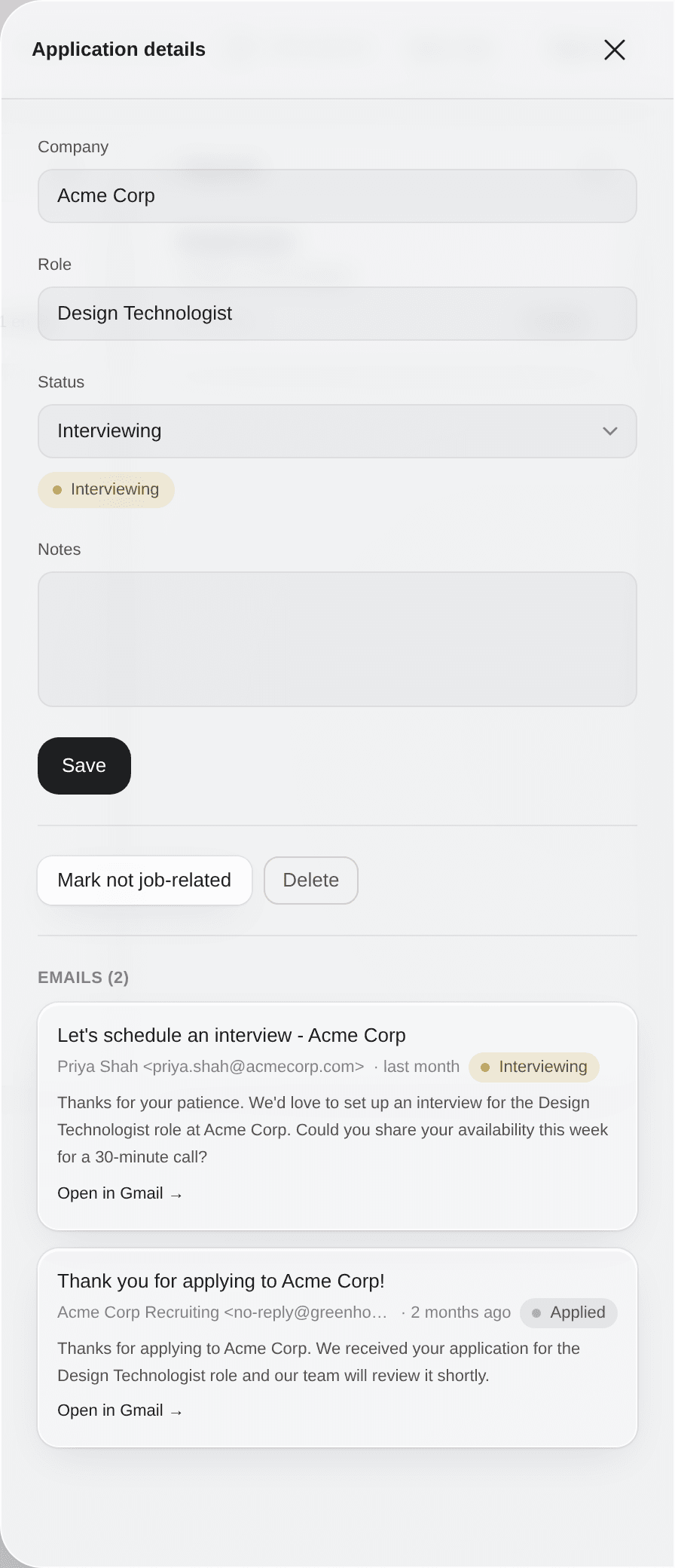 The side sheet for Acme Corp: editable company, role, status and notes, and two emails with Open in Gmail links.