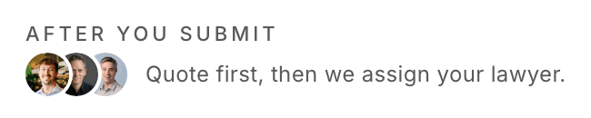 The brief panel footer: three lawyer faces and a line about the quote.