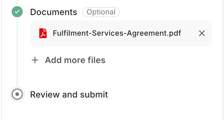 The brief panel after a file is attached: the document listed under Documents, with an Add more files button.