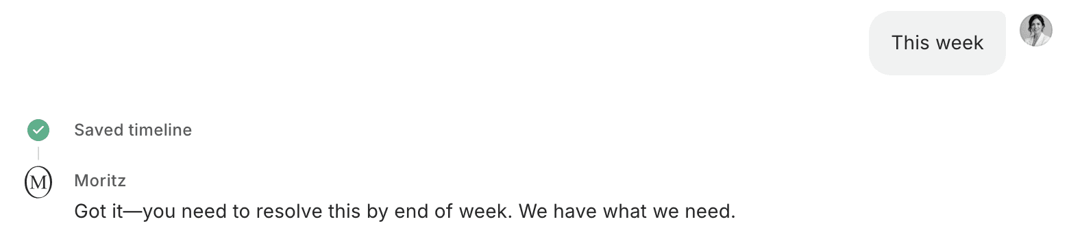 A step receipt in the thread: a green check, 'Saved timeline', then Moritz: 'Got it, you need to resolve this by end of week. We have what we need.'