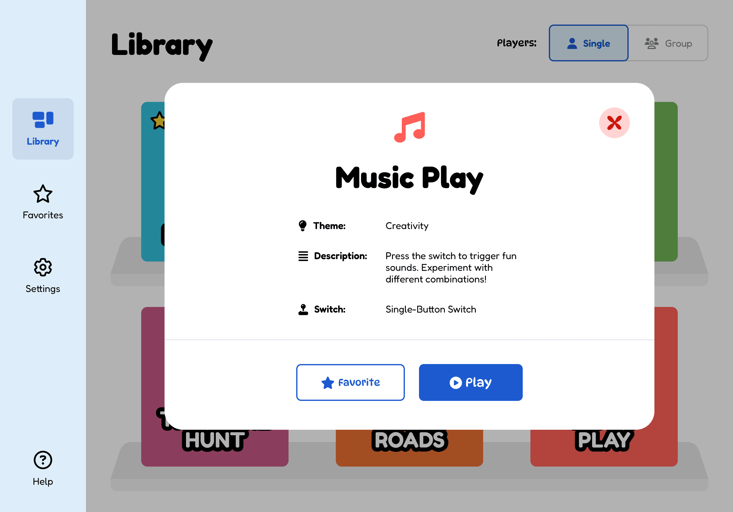 The Music Play game card: trigger sounds and experiment with combinations.