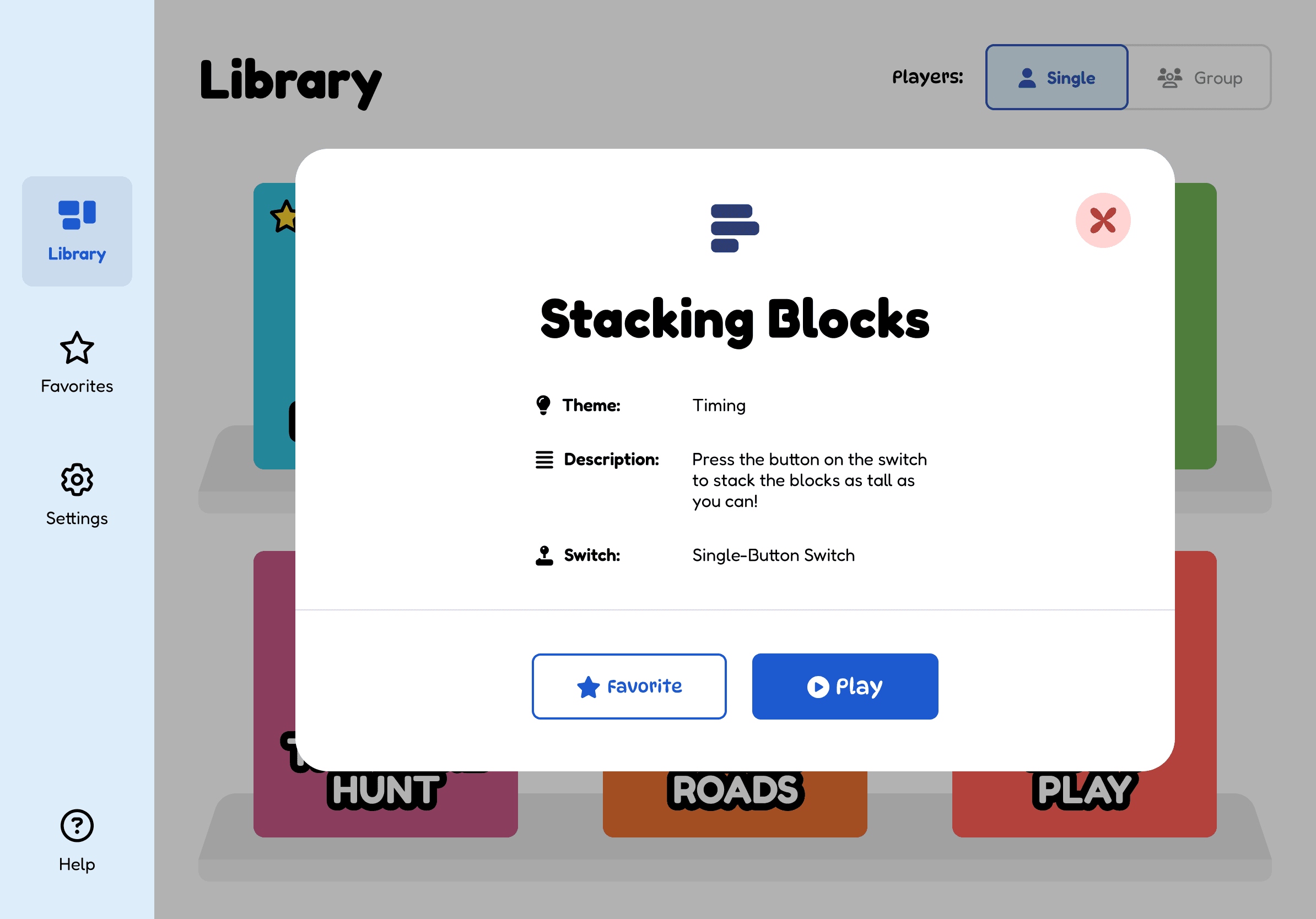 The Stacking Blocks game card: time your press to stack blocks as tall as possible.