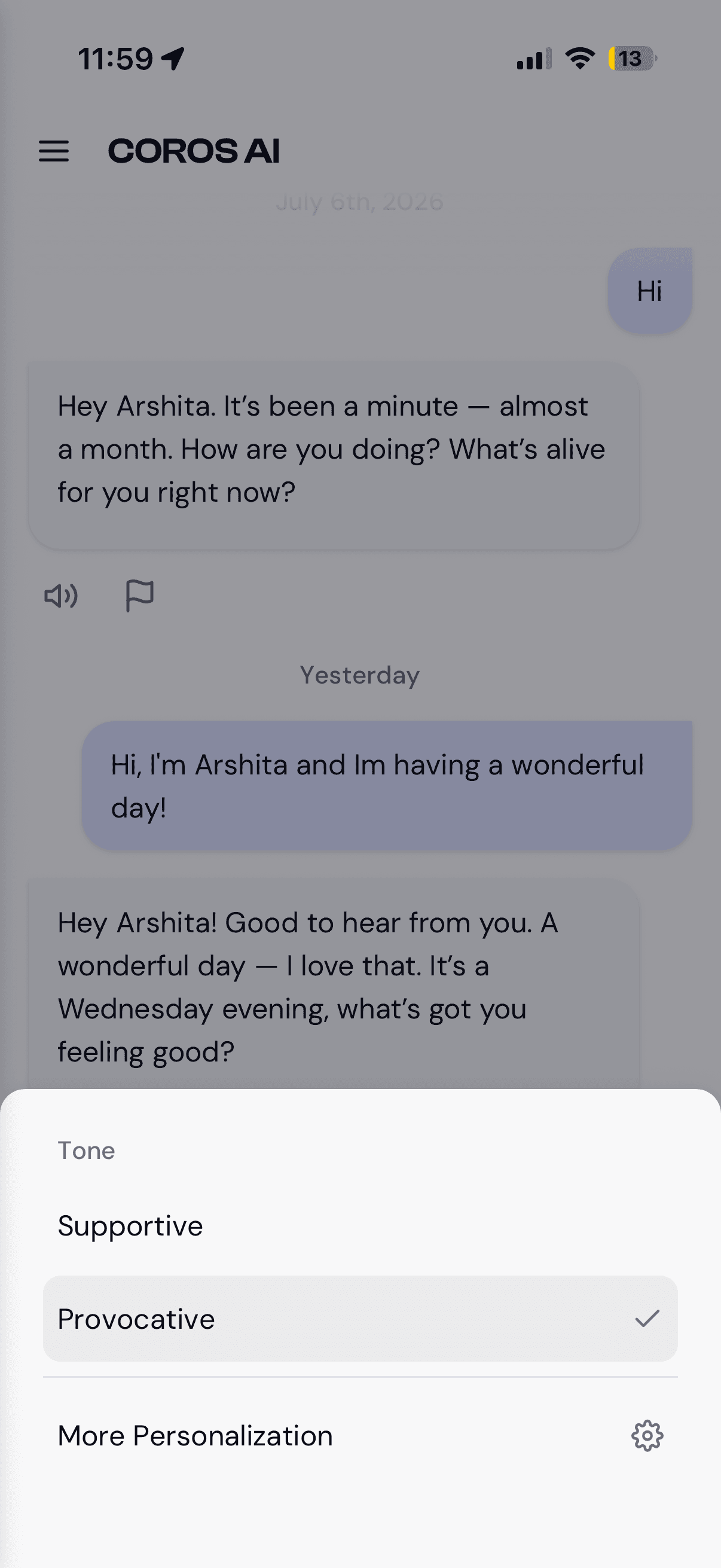 Mobile chat with an inline tone quick-switch popover offering Supportive, Provocative, and More Personalization.
