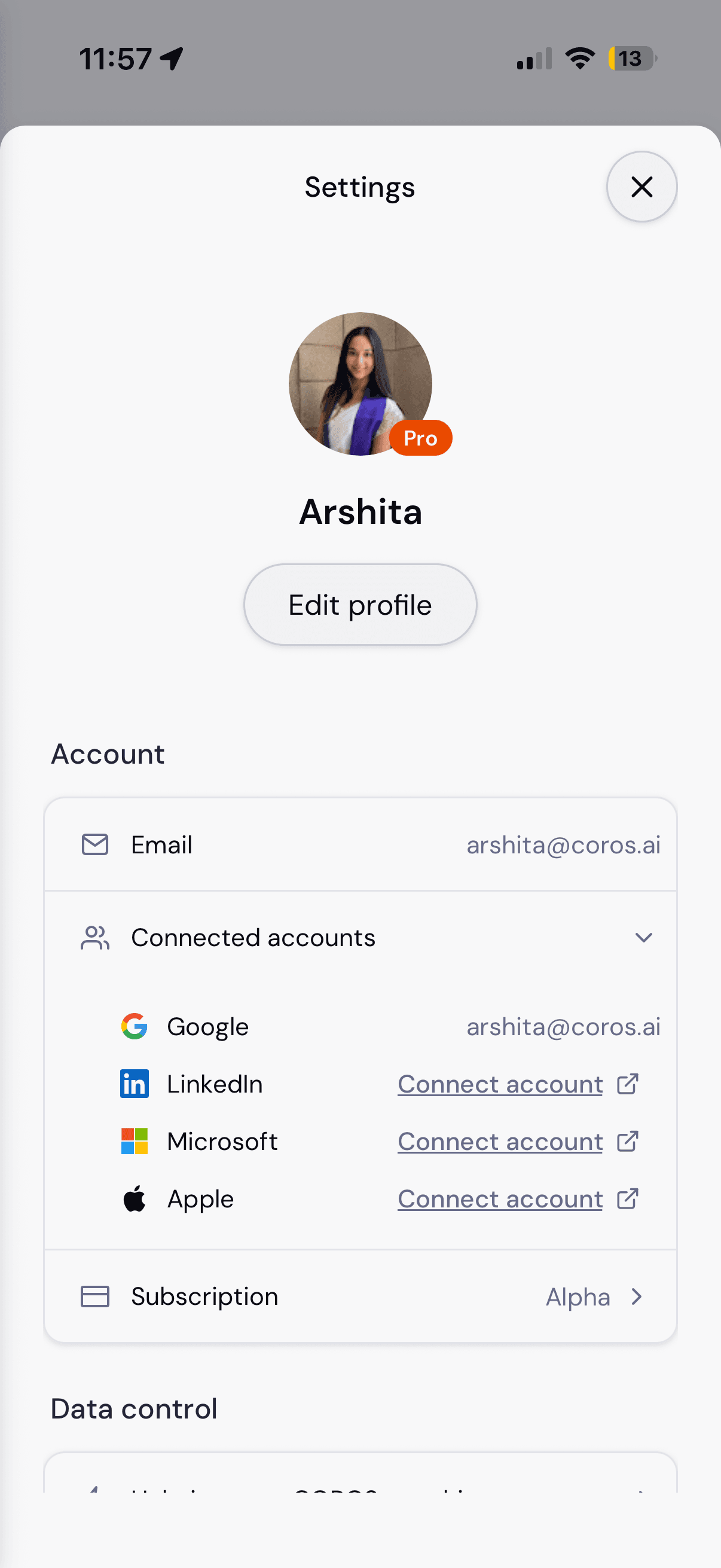 Mobile settings with Connected accounts expanded inline, listing Google, LinkedIn, Microsoft, and Apple.