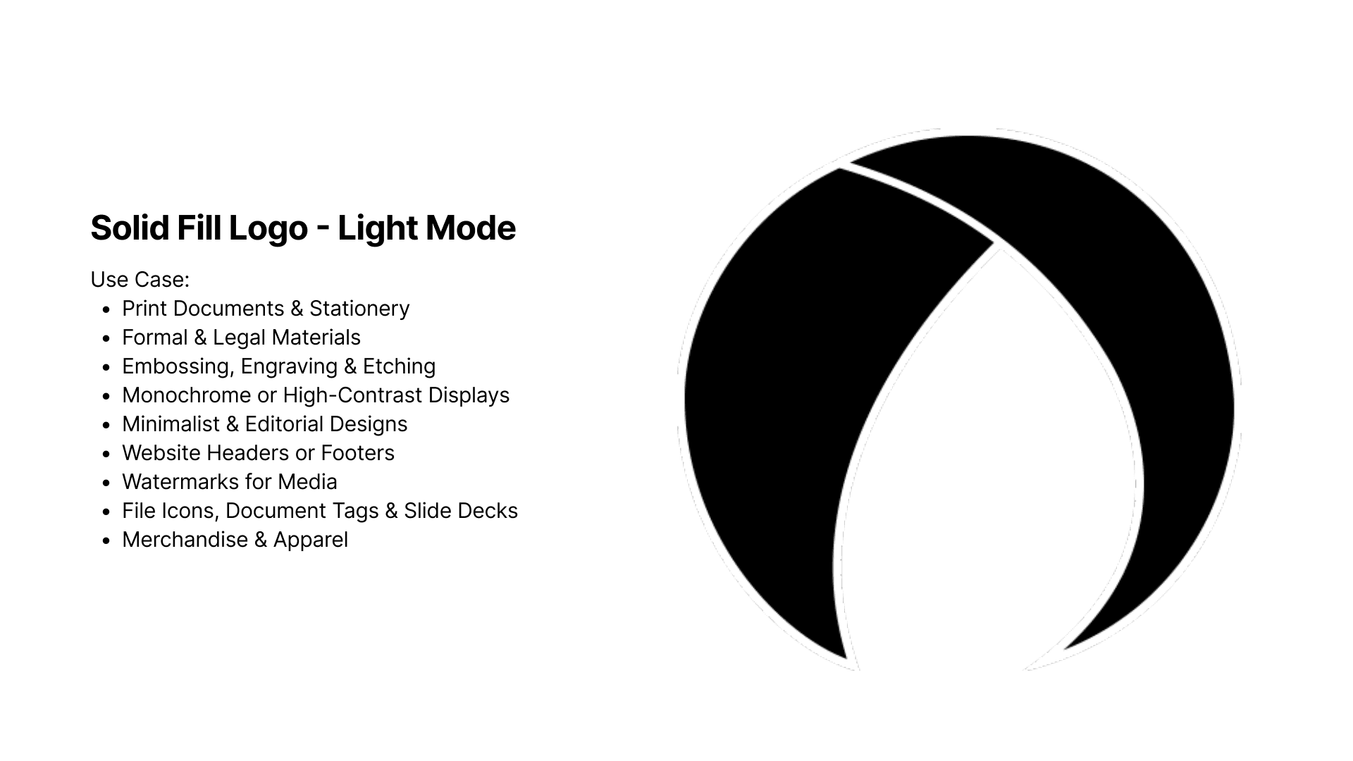 Solid fill logo, light mode: the black crescent mark on white, with print, embossing, and watermark use cases.