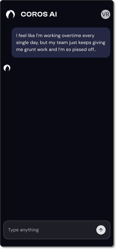 COROS AI mobile chat: the user has sent a message about working overtime and feeling stuck, and the coach is preparing a reply.