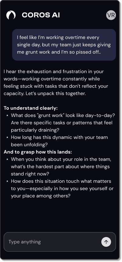 COROS AI mobile chat: the coach reflects the user's exhaustion back and asks clarifying questions to understand before advising.