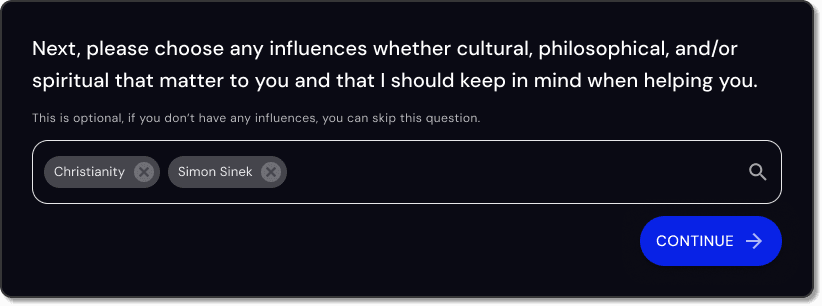 Influences step with selections: chips for Christianity and Simon Sinek in the field, and an active Continue button.