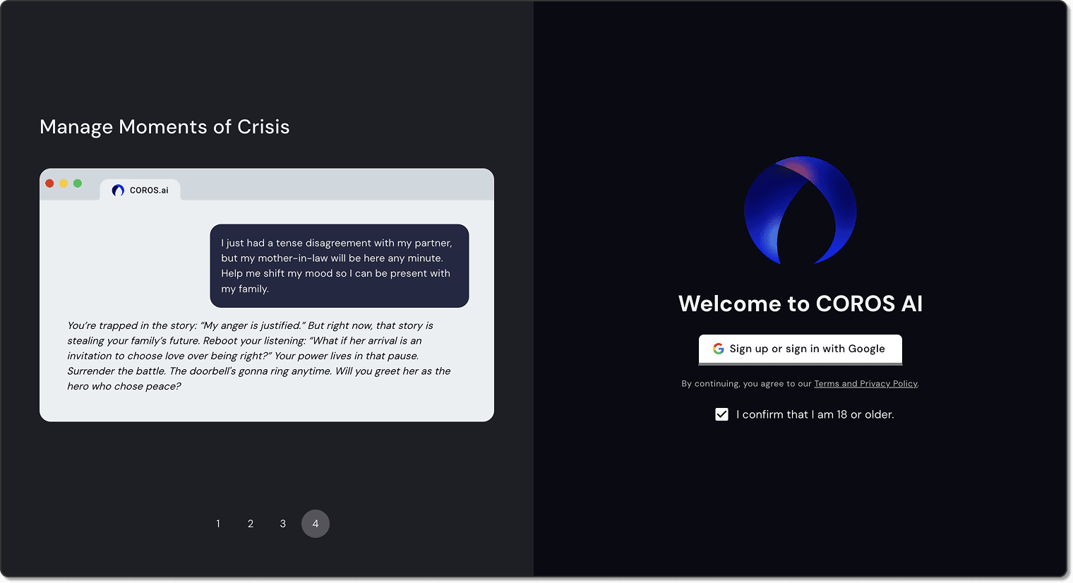 COROS AI welcome screen: Google sign-up with an 18-or-older confirmation, beside a 'Manage Moments of Crisis' example conversation.