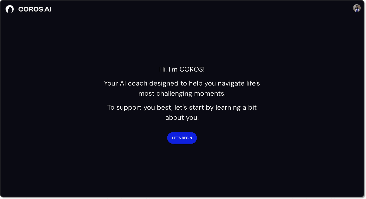 Onboarding intro: 'Hi, I'm COROS!' introducing the AI coach, with a 'Let's begin' button.
