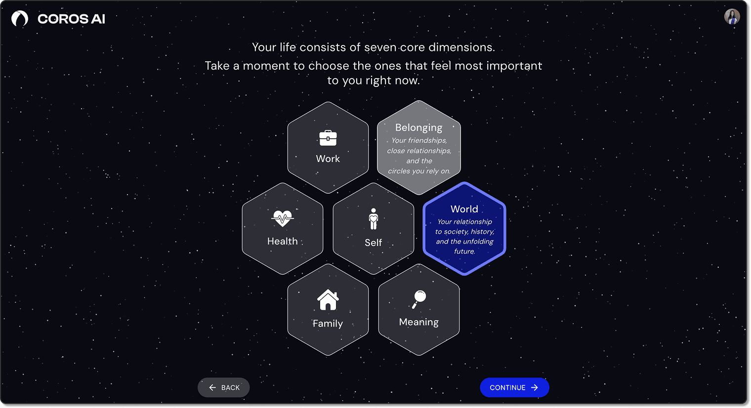 Seven-dimensions selection: hexagons for Work, Belonging, Health, Self, World, Family, and Meaning, with World selected.