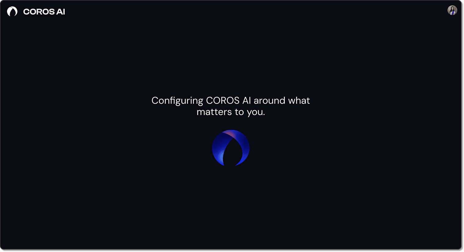 Completion screen: 'Configuring COROS AI around what matters to you,' with the COROS mark.