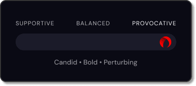 Personality slider set to Provocative, described as Candid · Bold · Perturbing.