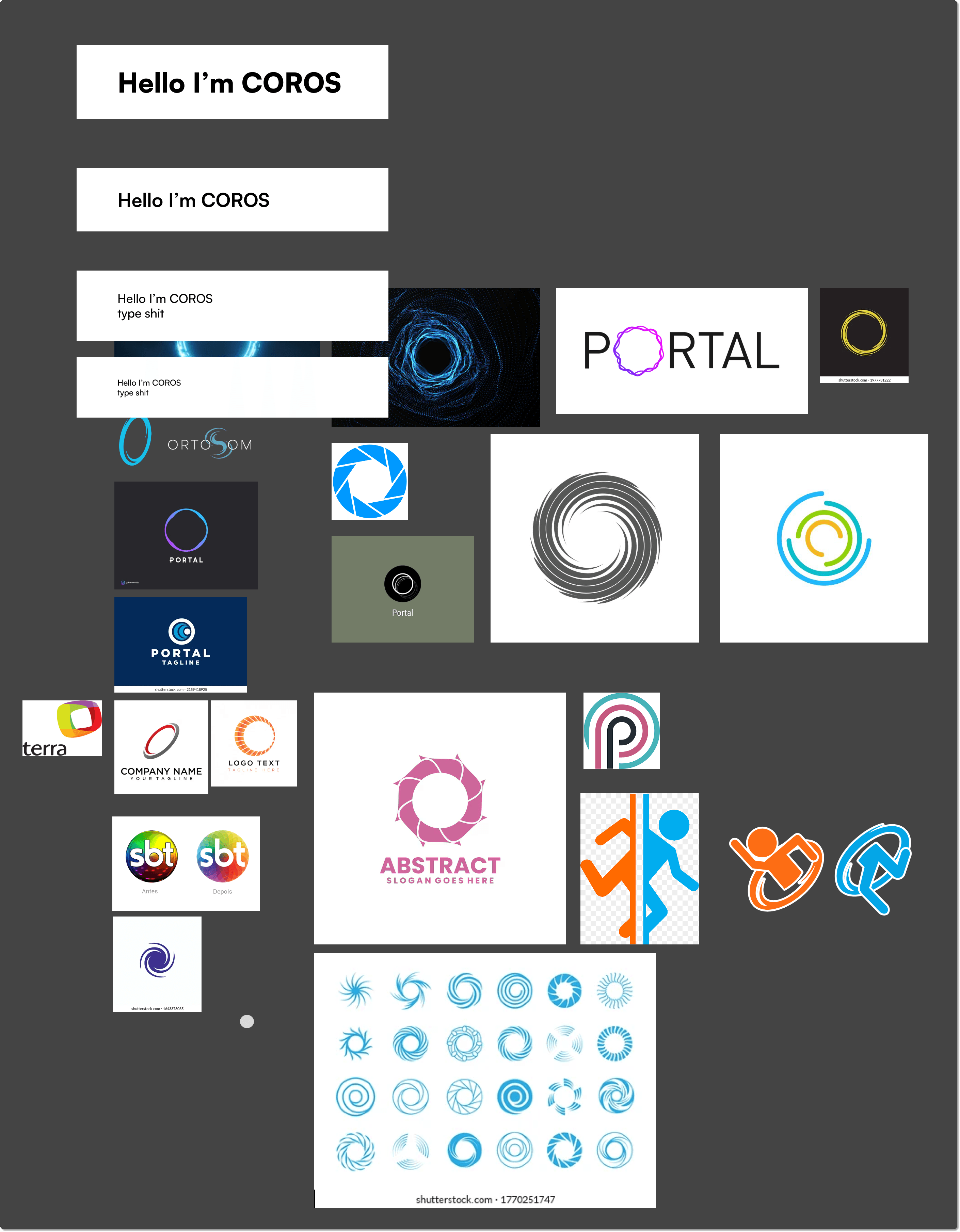A brand-research moodboard collecting circular, portal, and swirl logo references and 'Hello I'm COROS' framing explorations.