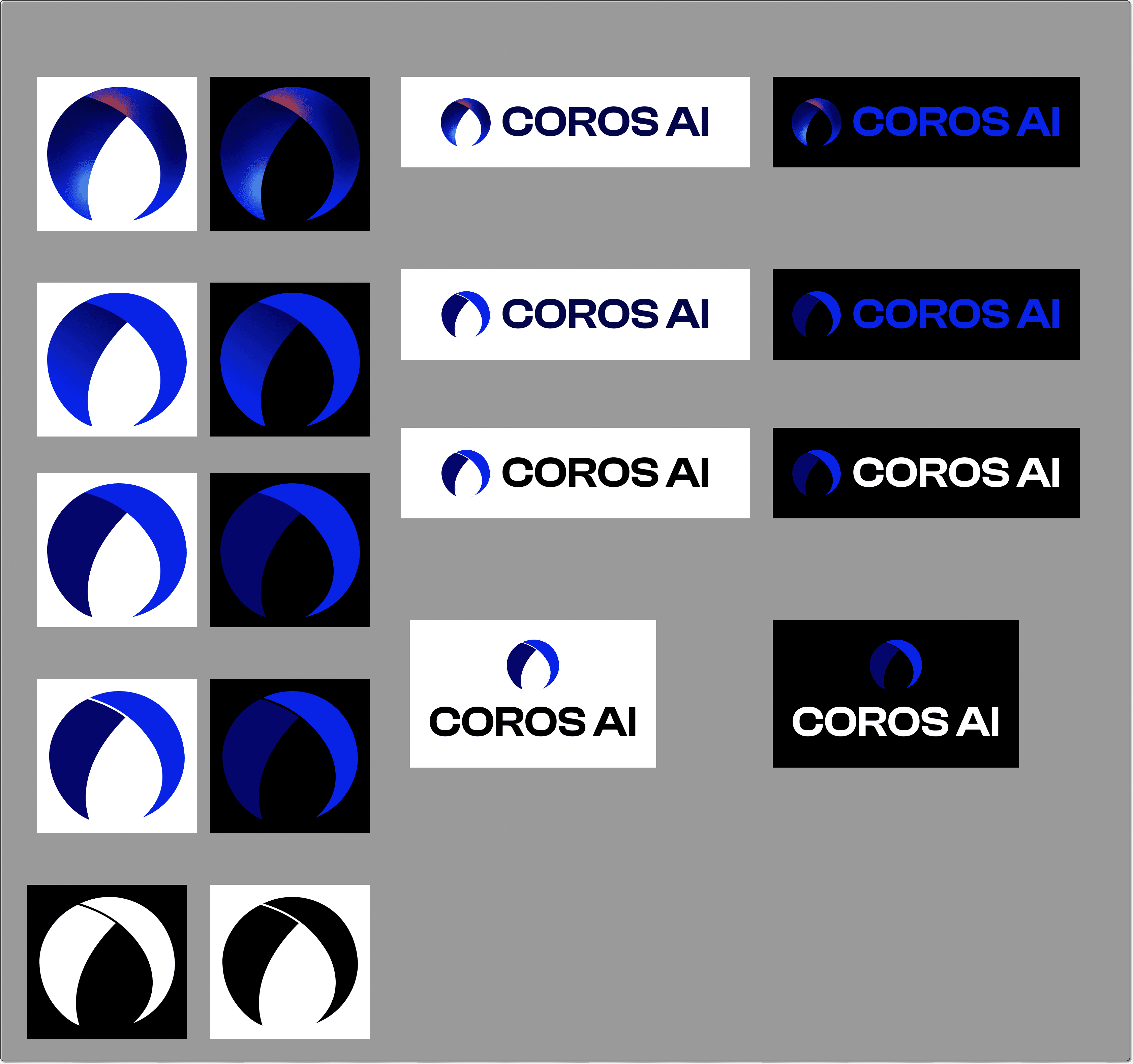 Final COROS AI logo lockups: the crescent mark with the COROS AI wordmark in blue, black, and white on light and dark backgrounds.
