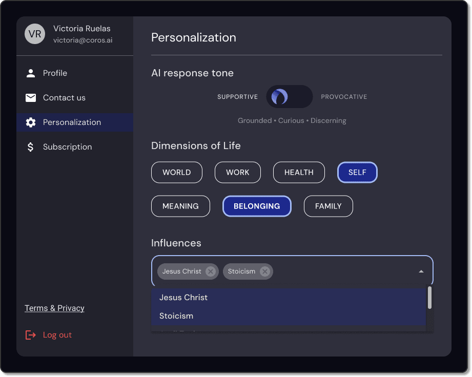 Personalization settings with the Influences dropdown open, showing selected chips and a suggestion list.