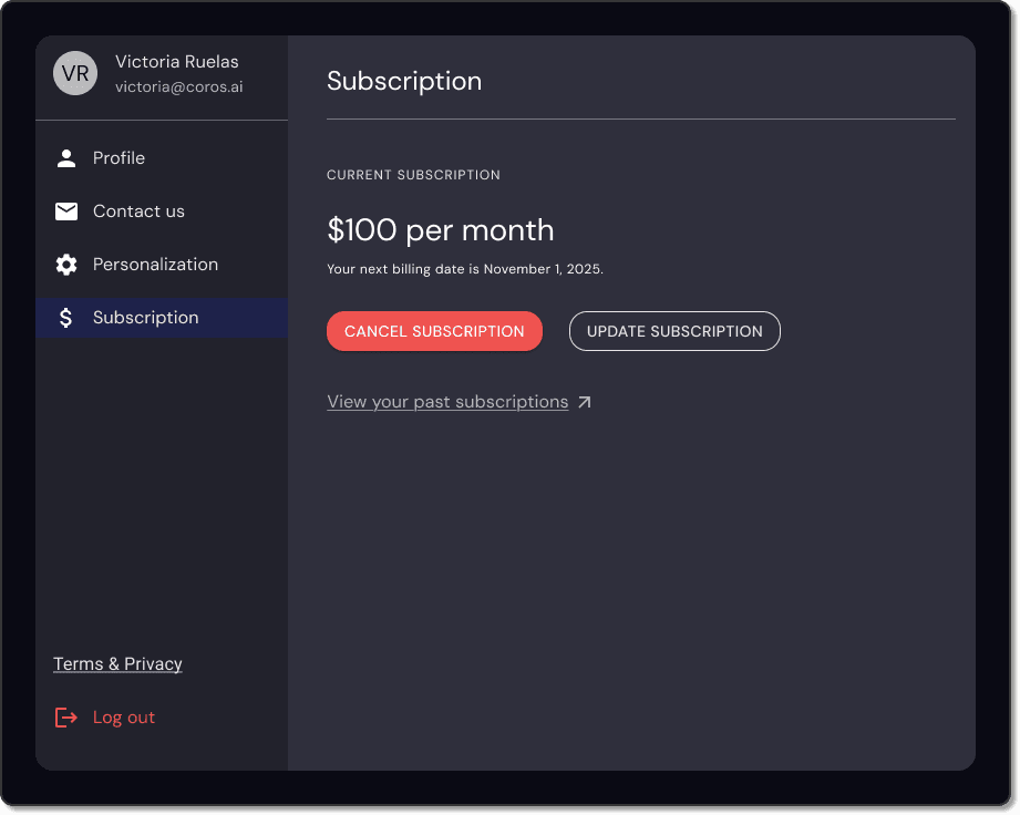 Subscription settings: a $100-per-month plan with next billing date, and Cancel / Update subscription buttons.
